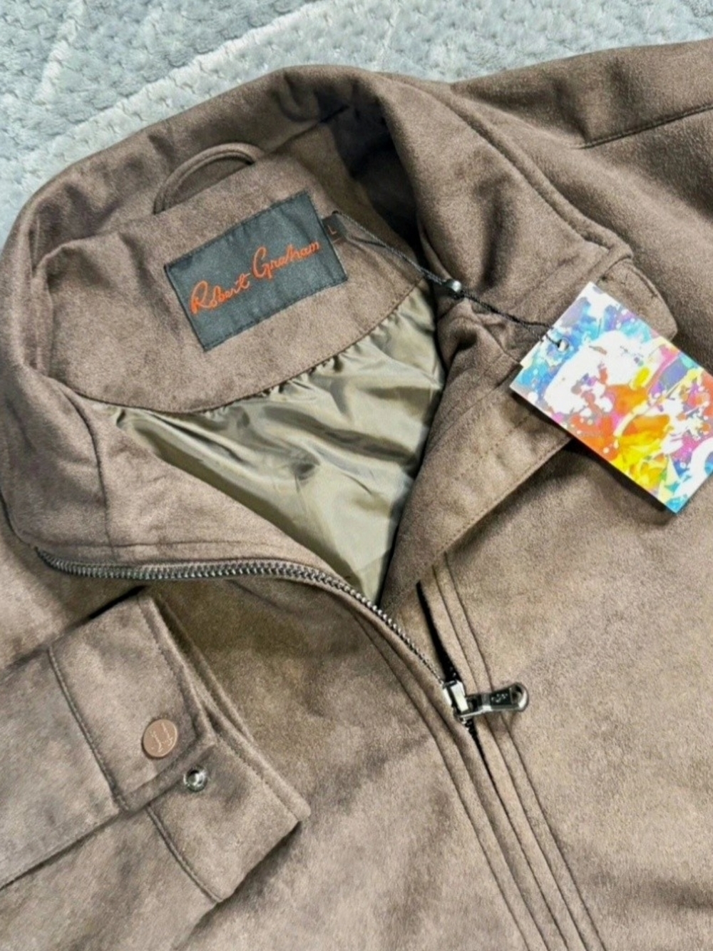 Robert Graham Mens Chocolate Vegan Suede Full Zip Bomber Jacket Brown L $248 NWT